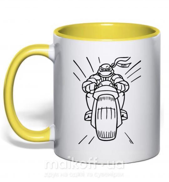 Чашка з кольоровою ручкою Черепашка-Ниндзя на мотоцикле Сонячно жовтий фото