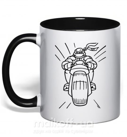 Чашка с цветной ручкой Черепашка-Ниндзя на мотоцикле Черный фото