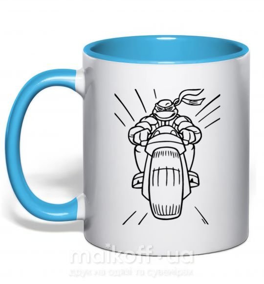 Чашка з кольоровою ручкою Черепашка-Ниндзя на мотоцикле Блакитний фото