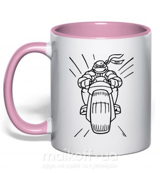 Чашка с цветной ручкой Черепашка-Ниндзя на мотоцикле Нежно розовый фото