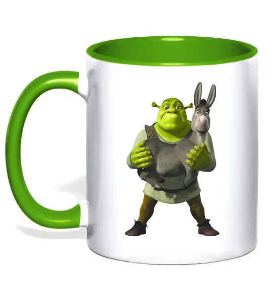 Чашка з кольоровою ручкою Шрек та віслюк Лаймовий фото