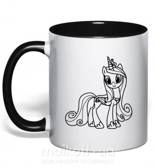 Чашка с цветной ручкой Пони с короной (единорог) Черный фото