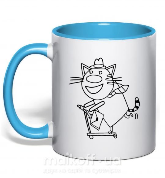 Чашка с цветной ручкой Кот на самокате Голубой фото