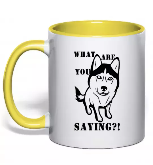 Чашка з кольоровою ручкою What are you saying Сонячно жовтий фото