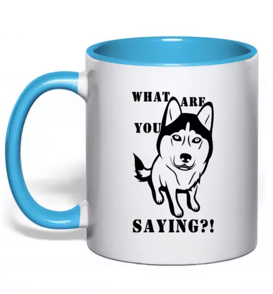 Чашка з кольоровою ручкою What are you saying Блакитний фото