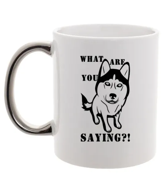 Чашка з кольоровою ручкою What are you saying Срібло фото