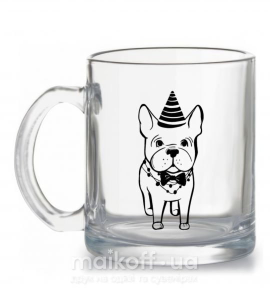 Чашка стеклянная Бульдог в праздничной шапочке Прозрачный фото