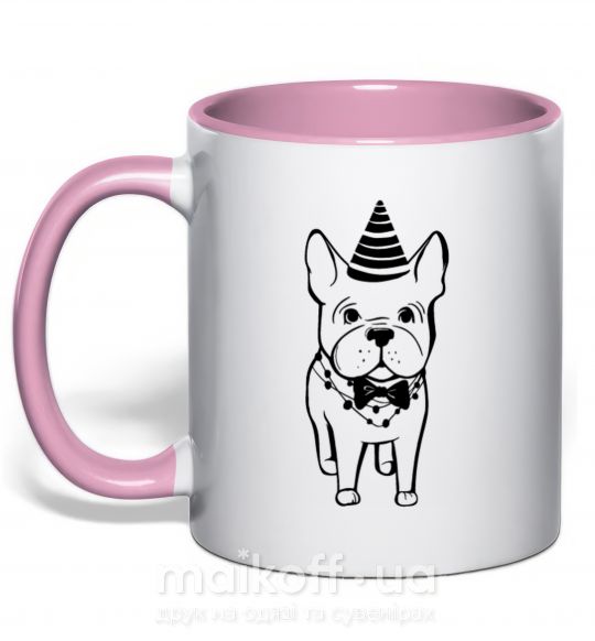 Чашка с цветной ручкой Бульдог в праздничной шапочке Нежно розовый фото