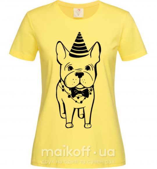Жіноча футболка Бульдог в праздничной шапочке Лимонний фото