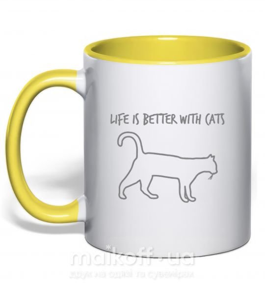 Чашка з кольоровою ручкою Life is better with a cat Сонячно жовтий фото