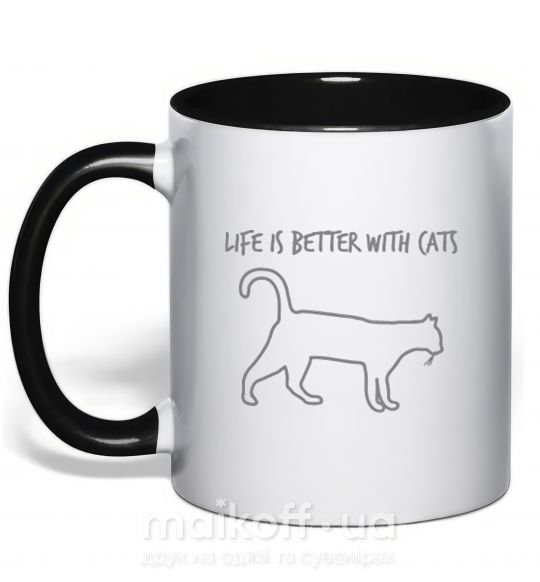 Чашка с цветной ручкой Life is better with a cat Черный фото