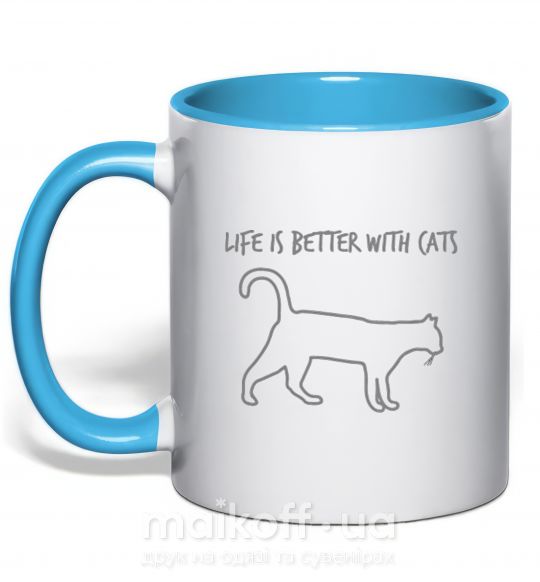 Чашка з кольоровою ручкою Life is better with a cat Блакитний фото