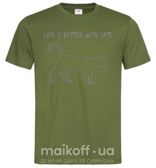 Мужская футболка Life is better with a cat Оливковый фото