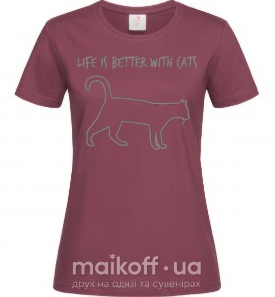 Женская футболка Life is better with a cat Бордовый фото