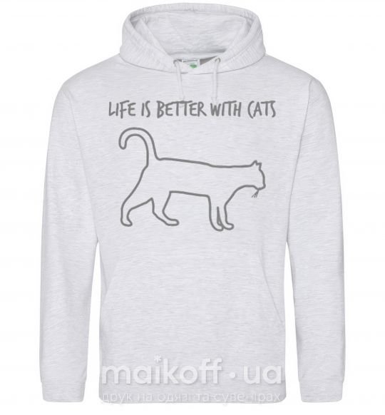 Мужская толстовка (худи) Life is better with a cat Серый меланж фото