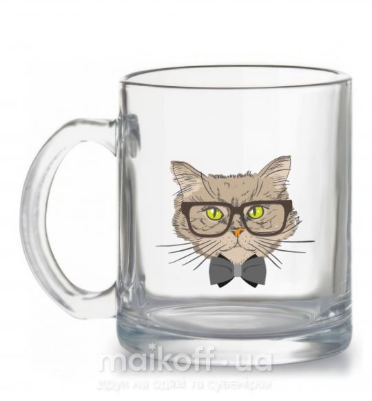 Чашка стеклянная Hipster cat Прозрачный фото