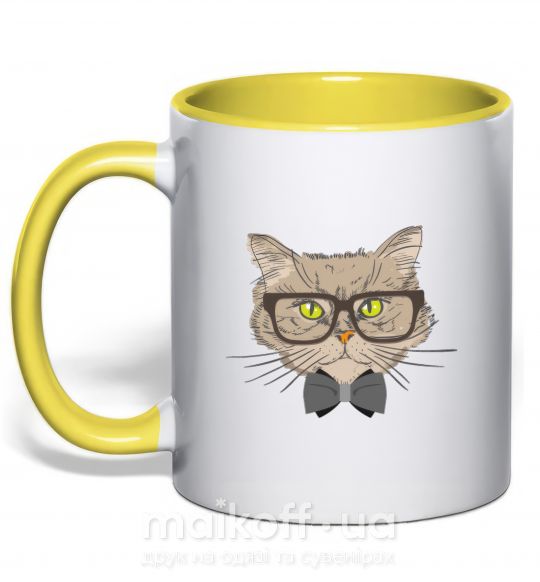 Чашка с цветной ручкой Hipster cat Солнечно желтый фото