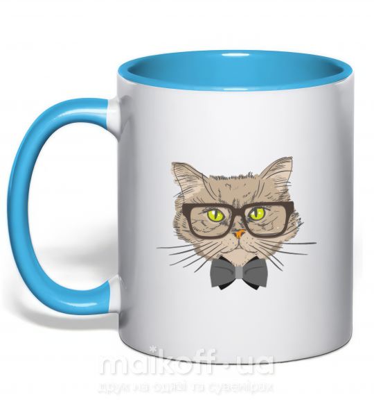 Чашка з кольоровою ручкою Hipster cat Блакитний фото