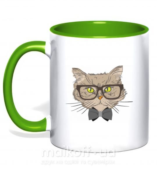 Чашка з кольоровою ручкою Hipster cat Зелений фото