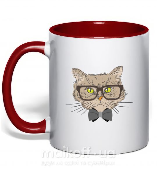 Чашка з кольоровою ручкою Hipster cat Червоний фото