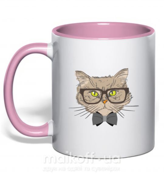 Чашка з кольоровою ручкою Hipster cat Ніжно рожевий фото
