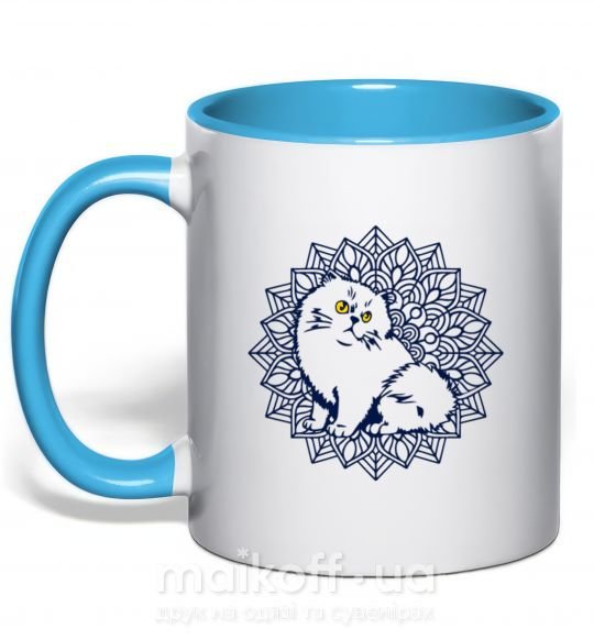 Чашка з кольоровою ручкою Мандала кот Блакитний фото