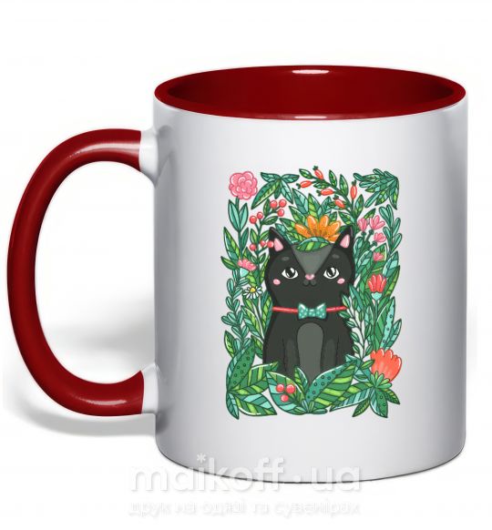 Чашка с цветной ручкой Весенний кот Красный фото