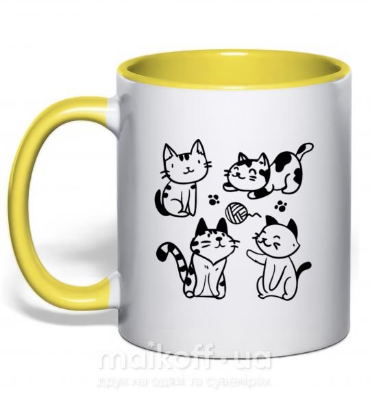 Чашка с цветной ручкой Смешные котики Солнечно желтый фото