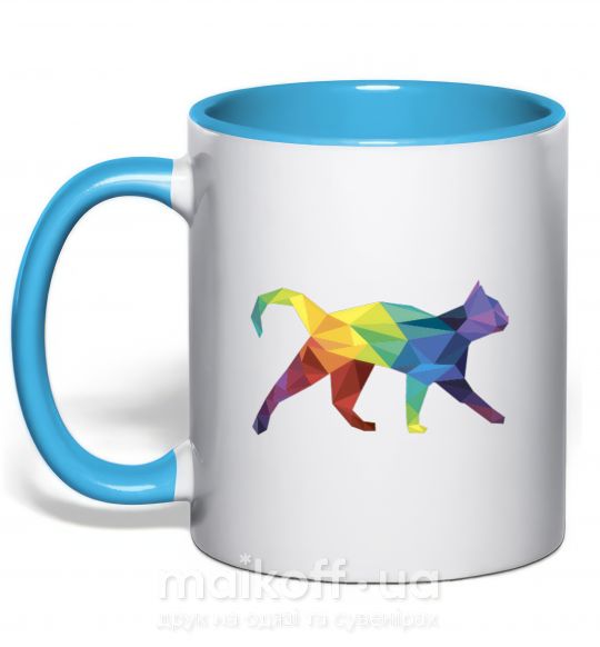 Чашка с цветной ручкой Яркий кот Голубой фото