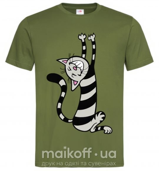 Мужская футболка Stratching cat Оливковый фото