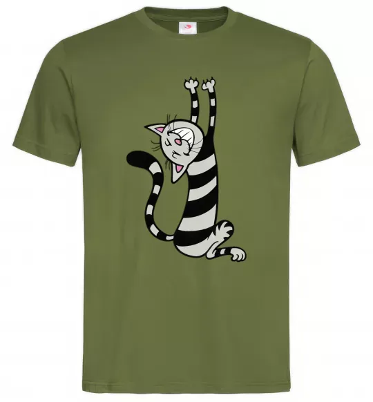 Мужская футболка Stratching cat Оливковый фото