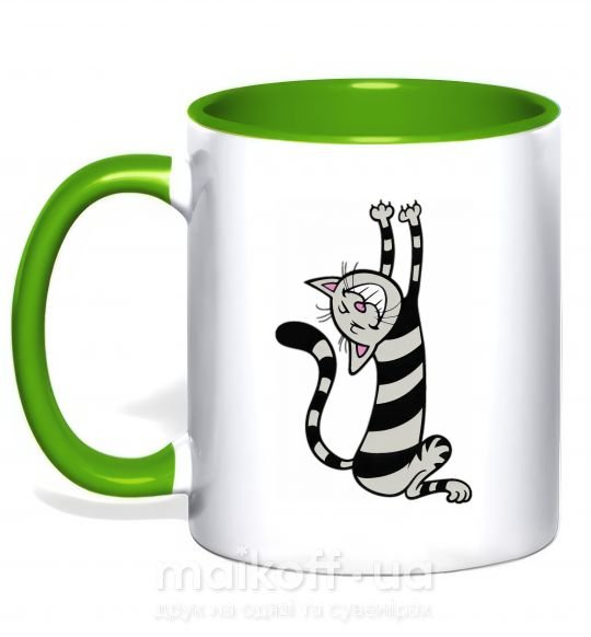Чашка з кольоровою ручкою Stratching cat Зелений фото