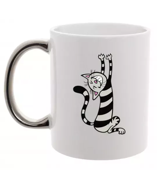 Чашка з кольоровою ручкою Stratching cat Срібло фото