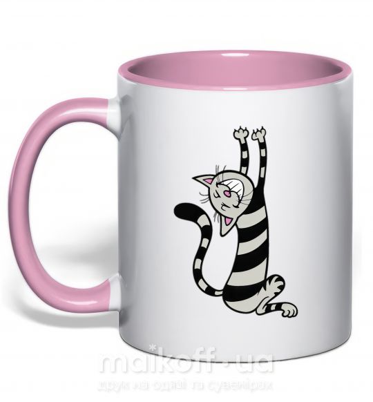 Чашка з кольоровою ручкою Stratching cat Ніжно рожевий фото
