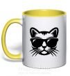 Чашка с цветной ручкой Кот в очках Солнечно желтый фото