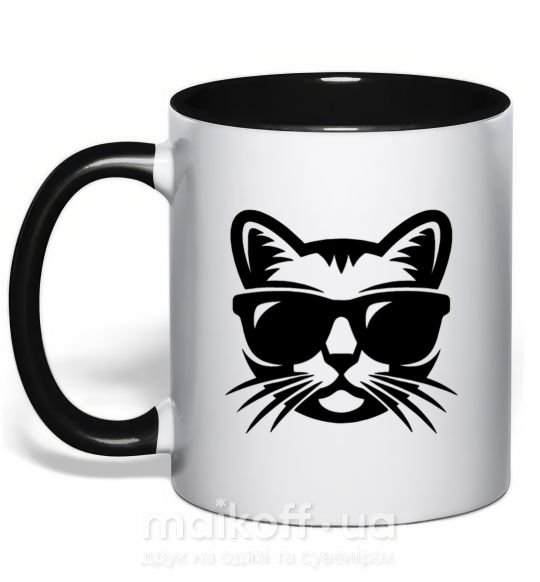Чашка с цветной ручкой Кот в очках Черный фото