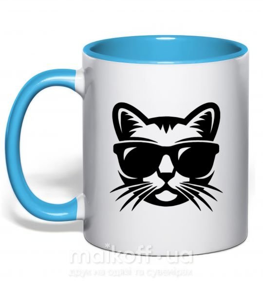 Чашка с цветной ручкой Кот в очках Голубой фото