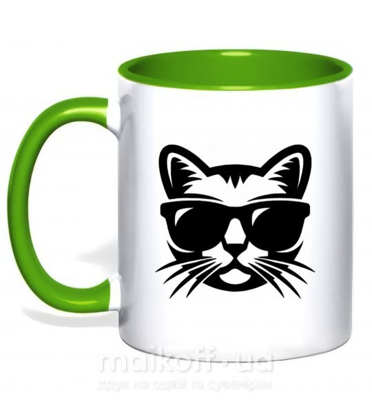 Чашка з кольоровою ручкою Кот в очках Зелений фото