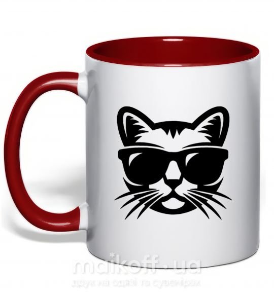 Чашка с цветной ручкой Кот в очках Красный фото