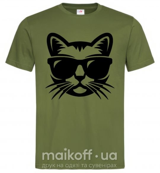Мужская футболка Кот в очках Оливковый фото
