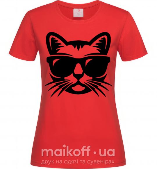 Женская футболка Кот в очках Красный фото