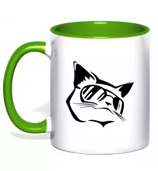 Чашка з кольоровою ручкою Крутий кіт Зелений фото