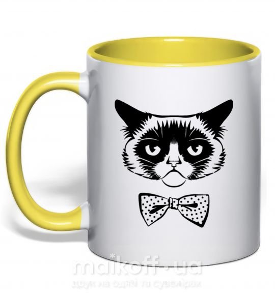 Чашка з кольоровою ручкою Grumpy cat with the bow Сонячно жовтий фото