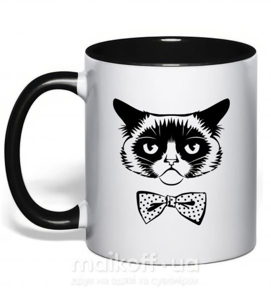 Чашка с цветной ручкой Grumpy cat with the bow Черный фото