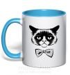 Чашка з кольоровою ручкою Grumpy cat with the bow Блакитний фото