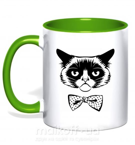 Чашка с цветной ручкой Grumpy cat with the bow Зеленый фото