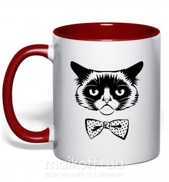Чашка з кольоровою ручкою Grumpy cat with the bow Червоний фото