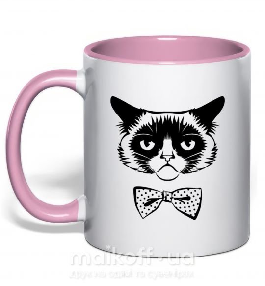 Чашка з кольоровою ручкою Grumpy cat with the bow Ніжно рожевий фото