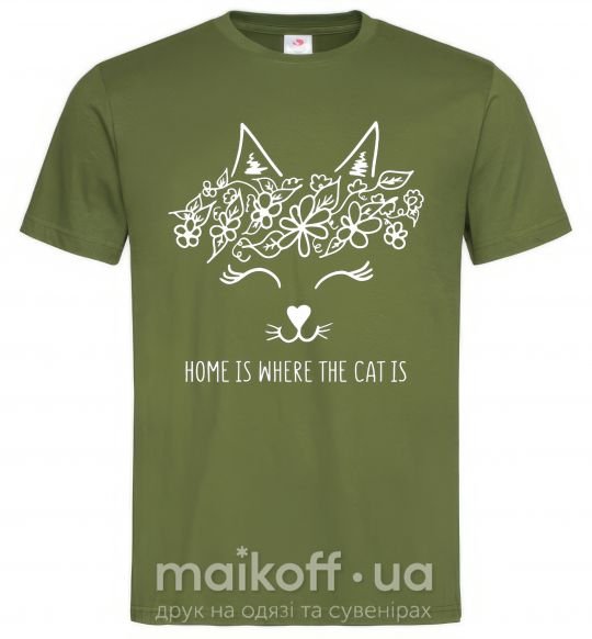 Мужская футболка Home is where the cat is Оливковый фото