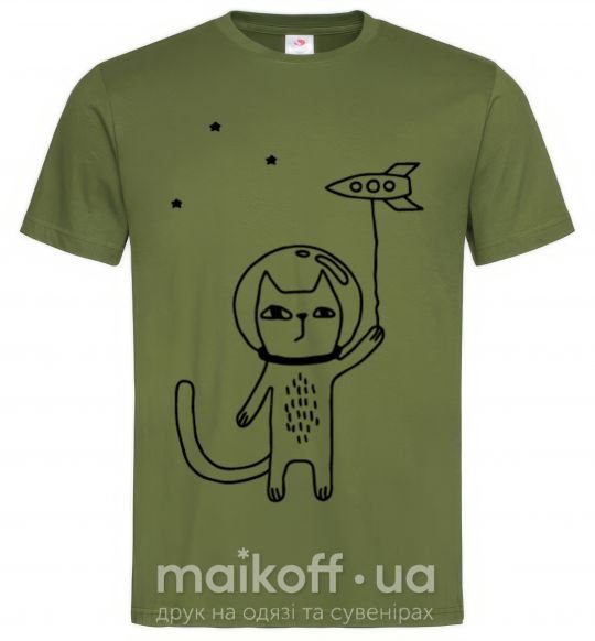 Мужская футболка Cat in space Оливковый фото
